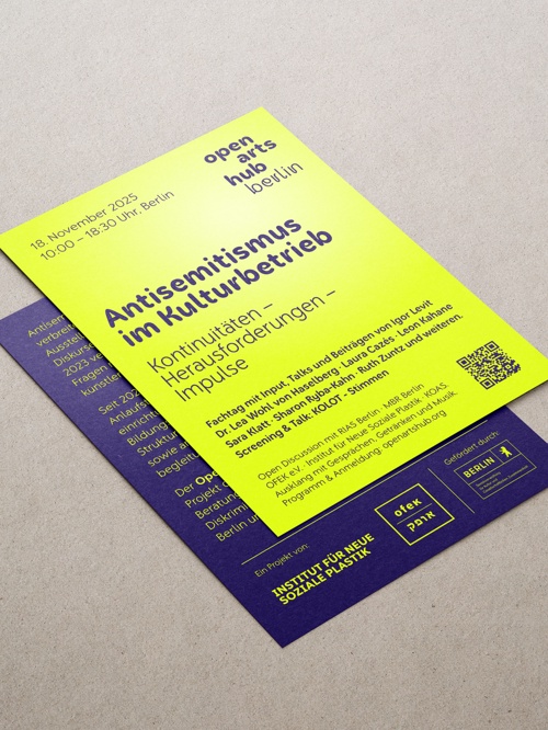 Vorder- und Rückseite des Flyers zum ersten Fachtag des Open Arts Hub Berlin